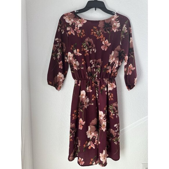 Scobe Womens Faux Wrap Dress L Wine Floral Balloon Sleeve Fairygoth Whimsygoth - Picture 7 of 11